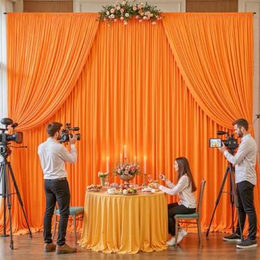 Imagem de Cortinas de fundo laranja de 4,9 x 3 m para festas, casamentos, colírios, fotos, pano de fundo, pano de fundo macio, poliéster sem rugas para decoração de fotos de chá de bebê, aniversário, 4 painéis