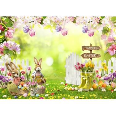 Imagem de DePhoto Fundo fotográfico de 2,8 x 1,8 m para primavera, Páscoa, ovos coloridos, cerca de coelho, para festa, decoração de chá de bebê, faixa de Páscoa, adereços fotográficos