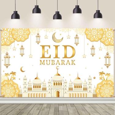 Imagem de AIBIIN Faixa de fundo Eid Mubarak com tema de ouro branco decorações de festa para Eid Mubarak Ramadã suprimentos de festa banner suporte de cabine de fotos 70,8 x 43,3 polegadas