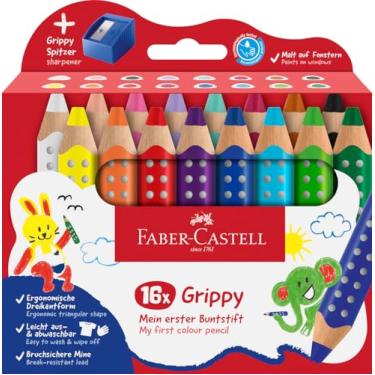 Imagem de Faber-Castell Conjunto de lápis de colorir Grippy 110645, 16 lápis de colorir com apontador para crianças a partir de 2 anos, conjunto de lápis 3 em 1