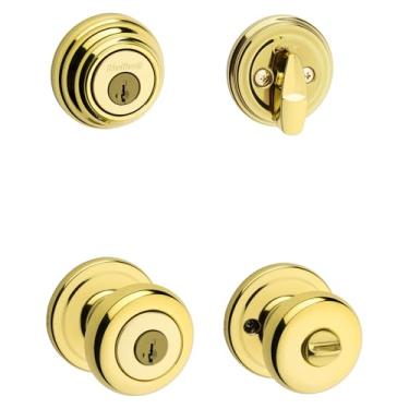 Imagem de Kwikset Juno Maçaneta de entrada com chave e fechadura de cilindro único combo com proteção antimicrobiana Microban com segurança SmartKey em latão polido