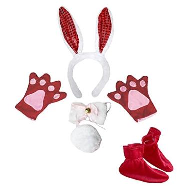 Imagem de Petitebella Tiara de coelho com orelhas de borboleta, luvas de cauda, 5 peças, fantasia 1-5 anos (branco/vermelho lantejoulas, tamanho único)