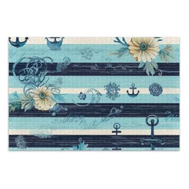 Imagem de Quebra-cabeças para adultos 1000 peças listras florais náuticas azul família elefante branco presentes adultos arte quebra-cabeça pintura de arte floral, 75 x 40 centímetros