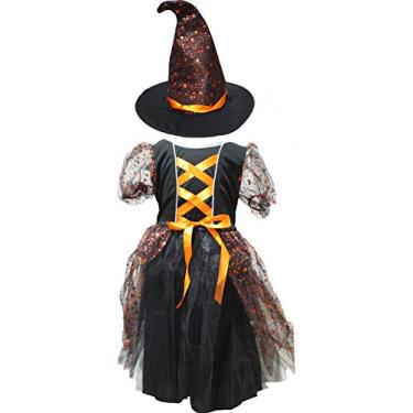 Imagem de Petitebella Vestido de fantasia de bruxa de Halloween para crianças de 2 a 8 anos (6 a 8 anos, laranja)