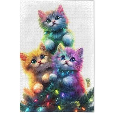 Imagem de Quebra-cabeça de Natal fofo gato gatinho adulto 500 peças quebra-cabeça jogo técnico presentes legais grandes quebra-cabeça personalizado brinquedo de arte, 52 cm x 37,8 cm