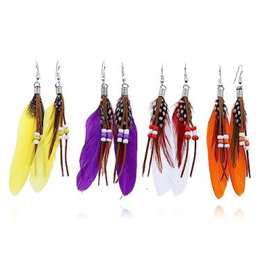 Imagem de XYAYOU Brincos longos com pingente vintage boêmio de penas falsas para mulheres e homens, brincos de gancho de borla, Zinco, Sem pedra preciosa