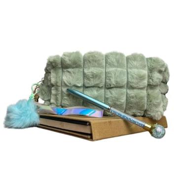 Imagem de Estojo Necessaire Feminino Infantil Escolar Pelúcia Pompom Alça Box Vi