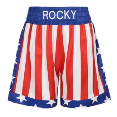 Imagem de Giftdigger Shorts de boxe com bandeira americana para homens e mulheres, fantasia Rocky Balboa dos EUA, short boxer adulto, shorts Rocky Balboa masculino, Vermelho — azul, G