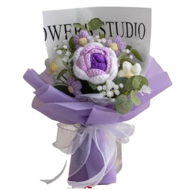 Imagem de OUKEYI Buquê de flores de crochê, flores artificiais tecidas à mão, pacote de rosa, caixa de presente de flores simuladas, para dia dos namorados, aniversário, casamento, formatura, dia das mães e