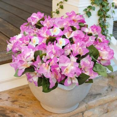 Imagem de BRIGEA 8 pacotes de flores artificiais para atividades ao ar livre resistentes a UV buganvílias falsas flores de seda plantas falsas para varanda varanda pátio jardim decoração de casa (roxo branco)