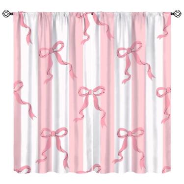 Imagem de Cortinas listradas, laço de fita vermelha, fundo rosa branco, tratamentos de janela blackout, cortinas com isolamento térmico para varão, conjunto de 2 painéis para quarto, sala de estar, 182 cm L x