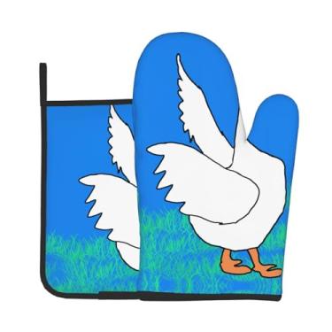 Imagem de Conjunto de luvas de forno com estampa de ganso branco, 2 peças, adequado para cozinhar, assar e grelhar ao ar livre