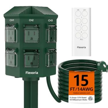 Imagem de Flexoria Estaca elétrica para uso externo, cabo de extensão de 3 metros à prova d'água, controle remoto independente, 3 conjuntos de tomadas, 6 tomadas aterradas para jardim, pátio, decoração ao ar