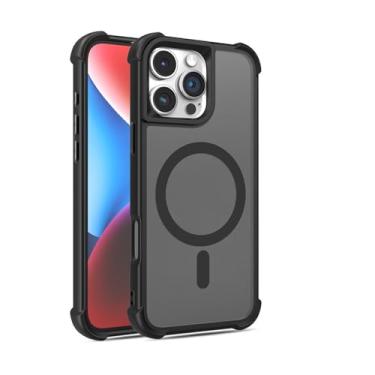 Imagem de Capa para iPhone 16 Pro Max com revestimento magnético fosco, proteção contra quedas nos quatro cantos, feita de TPU macio e policarbonato rígido, preta.