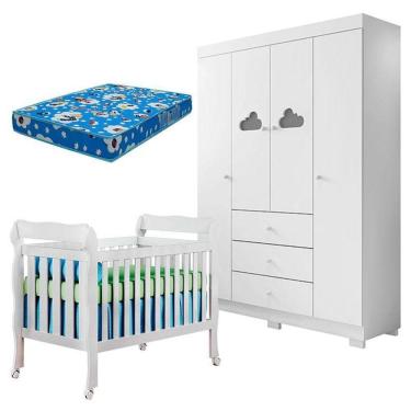 Imagem de Berço Americano Lila E Guarda Roupa Ane Branco Brilho Com Colchão Ortobom – Phoenix Baby