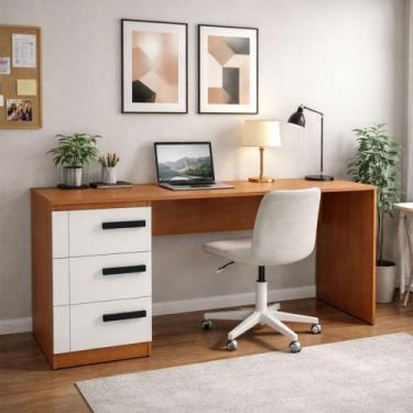 Imagem de Mesa para Escritório Lisboa 3 Gavetas Branco/Freijó - Politorno, Bege 