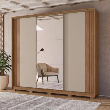 Imagem de Guarda-roupa Casal Frisado 3 Portas de Correr 6 Gavetas com Espelho e Pés Nevada Carvalho/Cinza