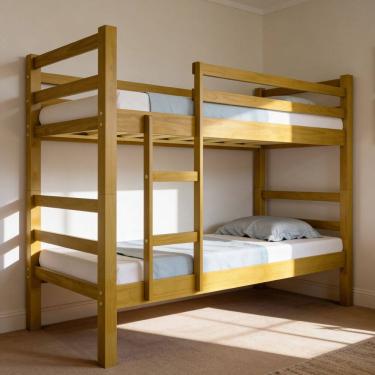 Imagem de Beliche Solteiro Madeira Maciça Com Grade e Escada Lilou B07 Imbuia - Lyam Decor