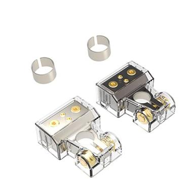 Imagem de Conectores de terminal de bateria de carro positivos e negativos da Rockrix 0/4/8/10 Gauge AWG com braçadeira e calços 1 par (níquel perolado e banhado a níquel preto)