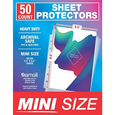 Imagem de Samsill Mini protetores de folha, pacote com 50, protetores de página de 14 x 21 cm para mini fichário de 3 anéis, resistente, folhas protetoras transparentes, 7 furos, carregamento superior, sem