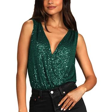 Imagem de Body Sem Mangas, Decote Em V Com Lantejoulas Brilhantes, Malha Elegante e Respirável para Festa Em Bar para Mulheres (Verde)