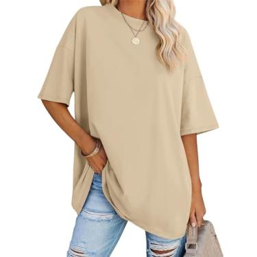 Imagem de LOMON Camisetas femininas grandes de manga curta gola redonda para o verão, camisetas soltas, casuais, para mamãe, camiseta básica, Café Leve, 4G