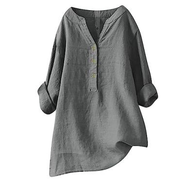 Imagem de Howstar Blusas de linho femininas 2024 verão plus size túnica com botão decote em V blusa casual elegante camisa de manga curta, Cinza, 4XG