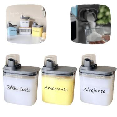 Imagem de Kit 3 Potes Porta Sabão Pó Líquido Amaciante Herméticos 1,5 L Copo Dosador Lavanderia Chumbo (Sabão Líquido/Amaciante/Alvejante)