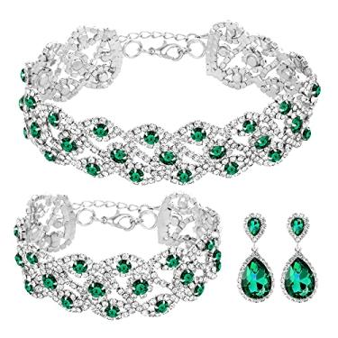 Imagem de Miraculous Garden Conjunto de joias femininas 3/4 peças de strass artificial cristal noiva declaração colar tiara coroa link pulseira lágrima pingente brincos conjunto, 18, Metal, Strass