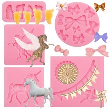 Imagem de Moldes de silicone com estampa de pé de bebê, conjunto de 5, moldes de doces de unicórnio de cavalo voador, moldes de chocolate com nó de laço fofo para assar chá de bebê, decoração de bolos, pasta de