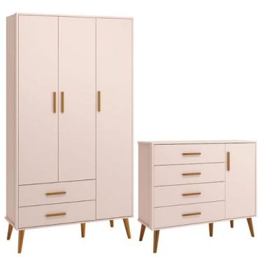 Imagem de Comoda Sapateira e Guarda Roupa Isis Retrô 3 Portas 2 Gavetas Rosa Fos