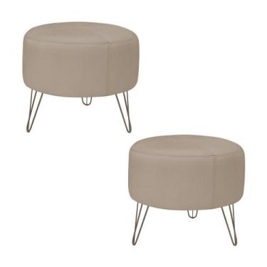 Imagem de Kit 2 Puffs Decorativos Redondo Pés Metal Couro Bege - Gran Belo