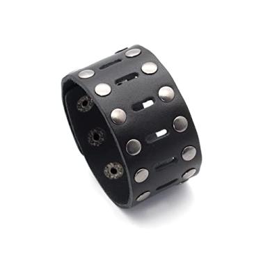 Imagem de Fusamk Pulseira Punk Rock com rebites de fileira dupla oca e larga pulseira de couro, 7.0-8.0 inches, Couro sintético liga metálica Couro sintético, Sem Pedra Preciosa