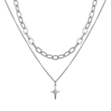 Imagem de Buyongwant Colar de estrela para mulheres, prata, corrente dupla, aço titânio, moderno, estilo hip hop, estilo urbano, colar masculino joia, small-scale, Titânio, Sem Pedra Preciosa
