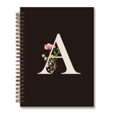 Imagem de foedor Caderno espiral de capa dura personalizado moderno, caderno preto com letra A, presentes com monograma para mulheres adolescentes, caderno espiral de capa dura pautado na faculdade, 14 x 21 cm
