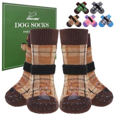 Imagem de EXPAWLORER Meias Antiderrapantes para Cães, 4 Peças com Garras, Design Moderno Xadrez Cáqui, Tamanhos P, M, G, para Pisos de Madeira e Atividades Internas e Externas
