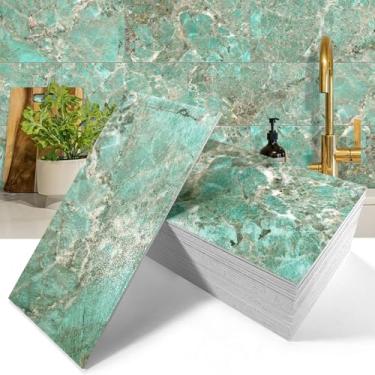 Imagem de MOONFUN 50 peças de azulejo grosso de PVC para metrô, azulejos de parede de 10 x 20 cm, revestimento autoadesivo de mármore turquesa para cozinha, banheiro, salas de estar, lareira, trailer (11,11 pés