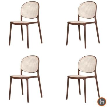 Imagem de Kit 4 Cadeiras Empilhável Positano Fratini Polipropileno Cor Cinza e Assento Simulando Palha Natural