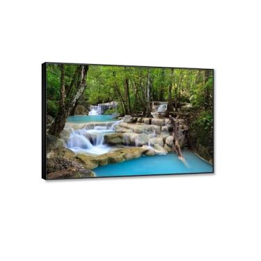 Imagem de JZSDGB Pintura de cachoeira arte de parede em tela, pedras, árvores, natureza, paisagem, impressão em tela, grande arte pronta para pendurar, arte de parede para sala de estar, quarto, decoração de