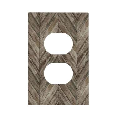 Imagem de Spshian Capas de tomada rústica country marrom espinha de peixe tábua de madeira 1 gangue placa de cobertura de interruptor de luz dupla placas decorativas de parede placa elétrica tampa de