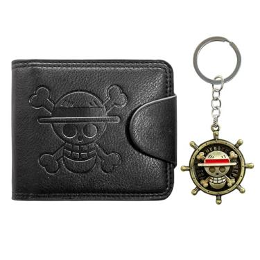 Imagem de UZYEAOZM Carteira masculina dobrável OP, chapéu de palha, carteira de caveira Luffy e chaveiro, presentes elegantes para fãs de anime, Preto Jet