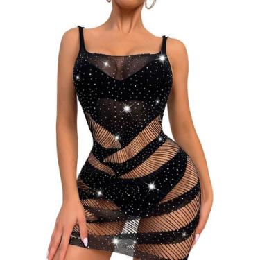 Imagem de Lingerie Mini Vestido Com Alças Arrastão Strass Sensual Luxo - Vbrante