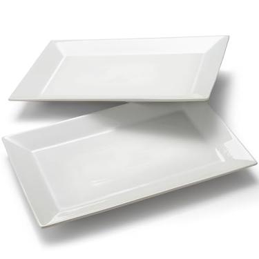 Imagem de Conjunto de 2 pratos grandes de porcelana resistentes de porcelana retangulares brancos para peru, alimentos, frutas, festas, casamentos, Natal, lascas e arranhões