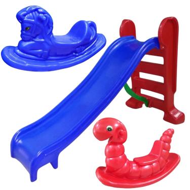 Imagem de Escorregador infantil 3 degraus com gangorra cavalinho E lagarta - azul E vermelho