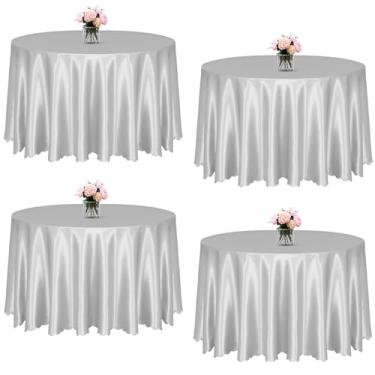 Imagem de KKJIAF Pacote com 4 toalhas de mesa redondas de cetim prateado, 224 cm, sobreposição, toalha de mesa de jantar de cetim sedoso para decoração de banquetes de casamento, buffet, festas
