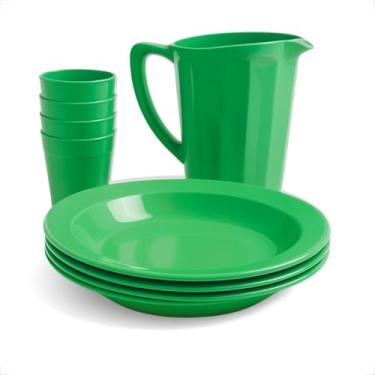 Imagem de Kit Plástico 1 Jarra 1,7L + 4 Pratos + 4 Copos 200Ml Conjunto Mesa Para Festas Creches Escolas Infantil (Verde)