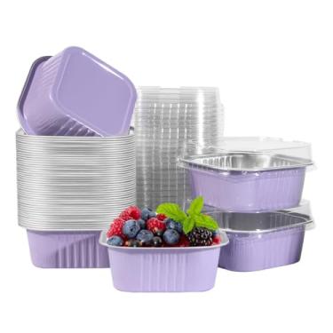 Imagem de 50 peças de mini copos quadrados para assar com tampas, mini formas de bolo de folha de alumínio de 293 ml com tampas, formas de bolo de ramequins descartáveis, copos de sobremesa de 300 ml, formas de