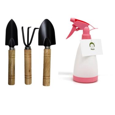 Imagem de Kit Jardinagem Conjunto de 4 Ferramentas de, e Borrifador 500 ml, Cabo de Madeira, Mini P�s e Cultivador, Preto