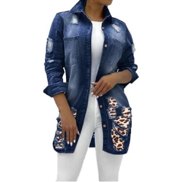 Imagem de Jaqueta Jeans Longa Clássica Feminina Plus Size Solta Manga Comprida Botão Para Baixo Jaqueta Jeans, Leopard2, S