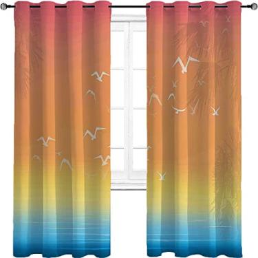 Imagem de Cortina blackout de gaivotas, estampa de pôr do sol de ilha tropical com palmeiras e pássaros em voo, 2 painéis por grupo são usados na sala de estar ou quarto, L 106 x C 150 cm Salmão ombré